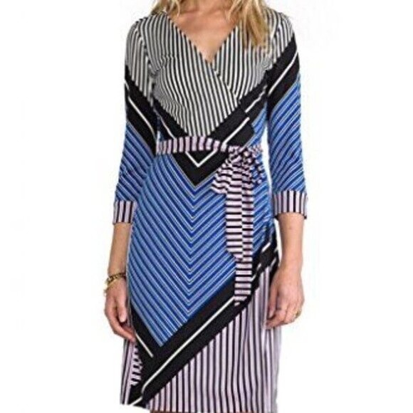 DVF Diane von Furstenberg Julian Two Wrap Dress Striped Black 3/4 Sleeve… - Picture 1 of 6